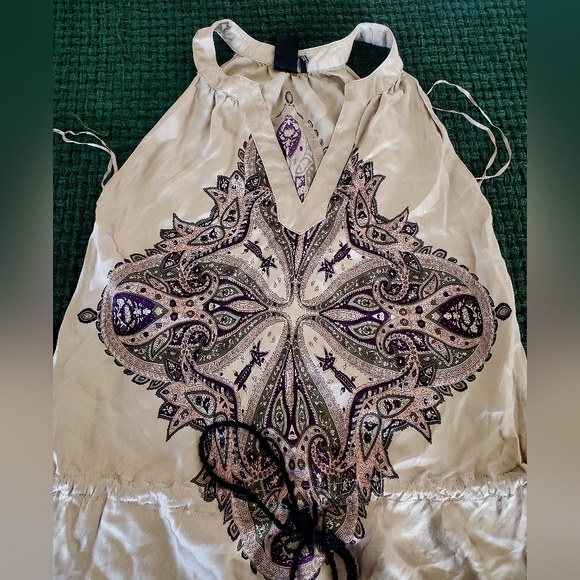 Bohemian Cream and Purple Guess Top,Size 3, 100% Silk,Black rope on waist - Picture 2 of 16
